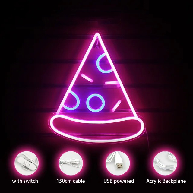 Рекламный световой знак пиццы на стене с логотипом