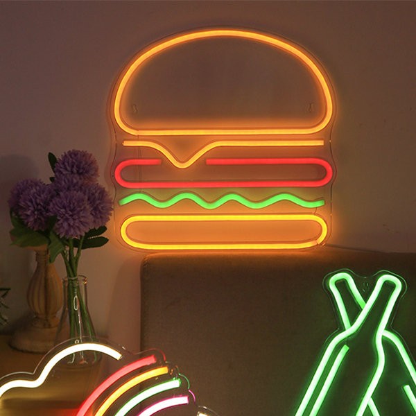 светодиодная светящаяся неоновая вывеска на стене - гамбургер